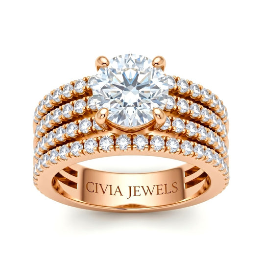 Rose Gold Round Diamond Engagement Ring With Multirow Pavé Band