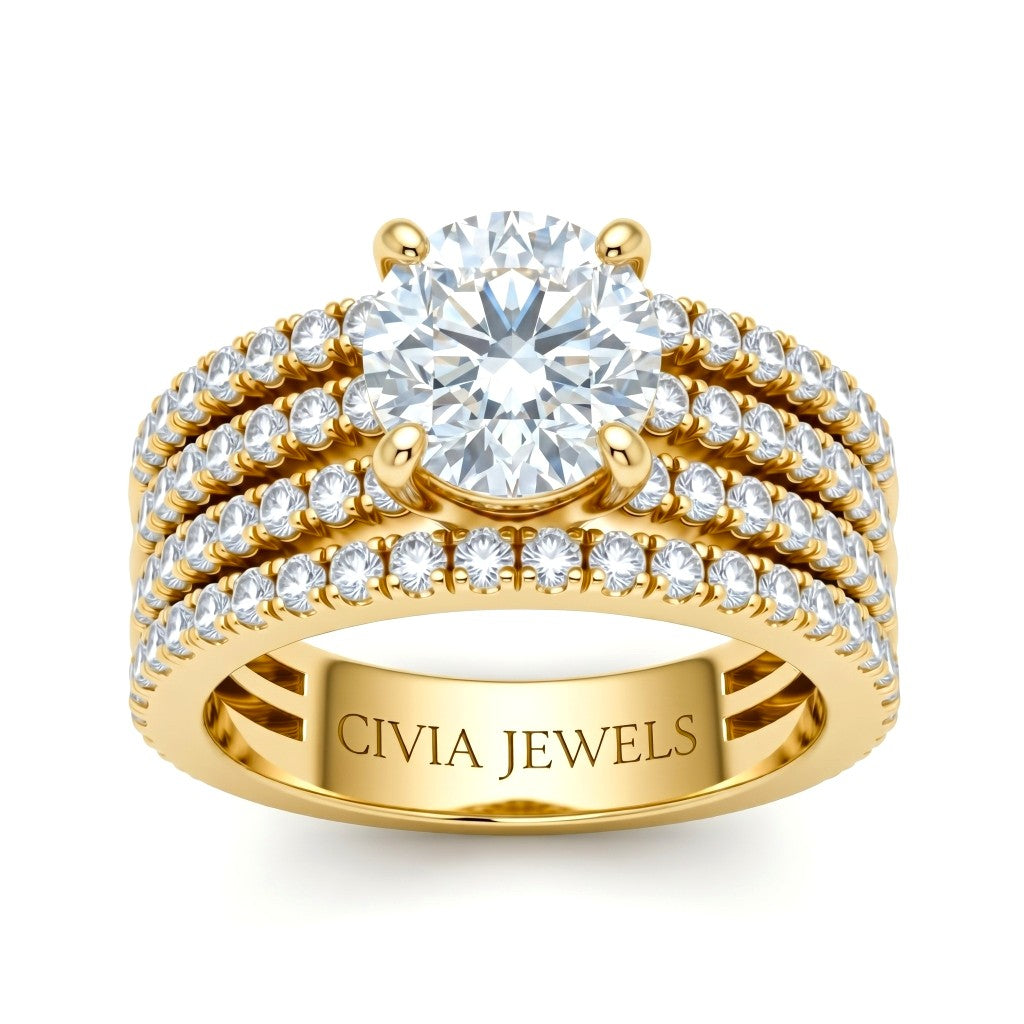 Yellow Gold Round Diamond Engagement Ring With Multirow Pavé Band