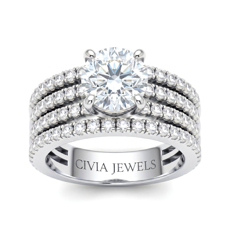 White Gold Round Diamond Engagement Ring With Multirow Pavé Band