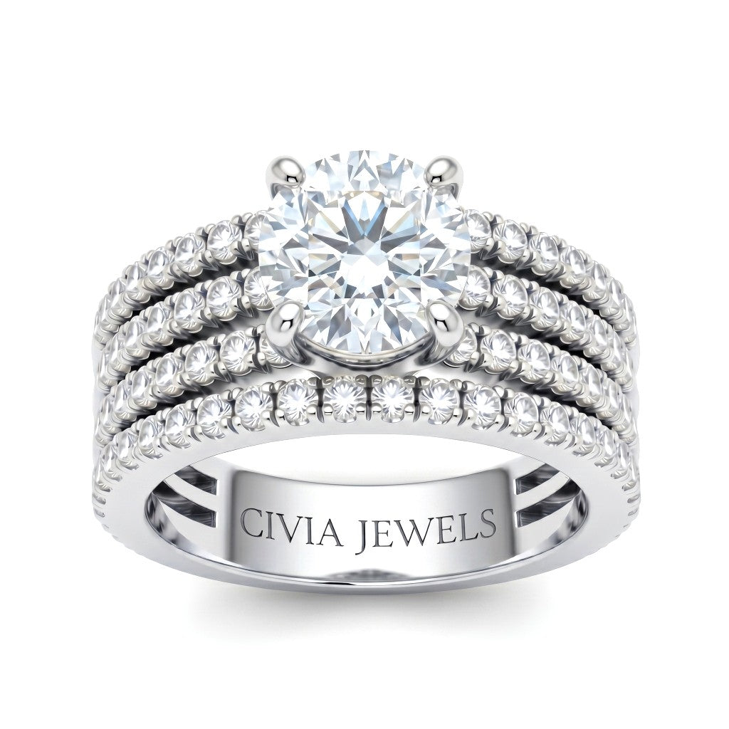 White Gold Round Diamond Engagement Ring With Multirow Pavé Band