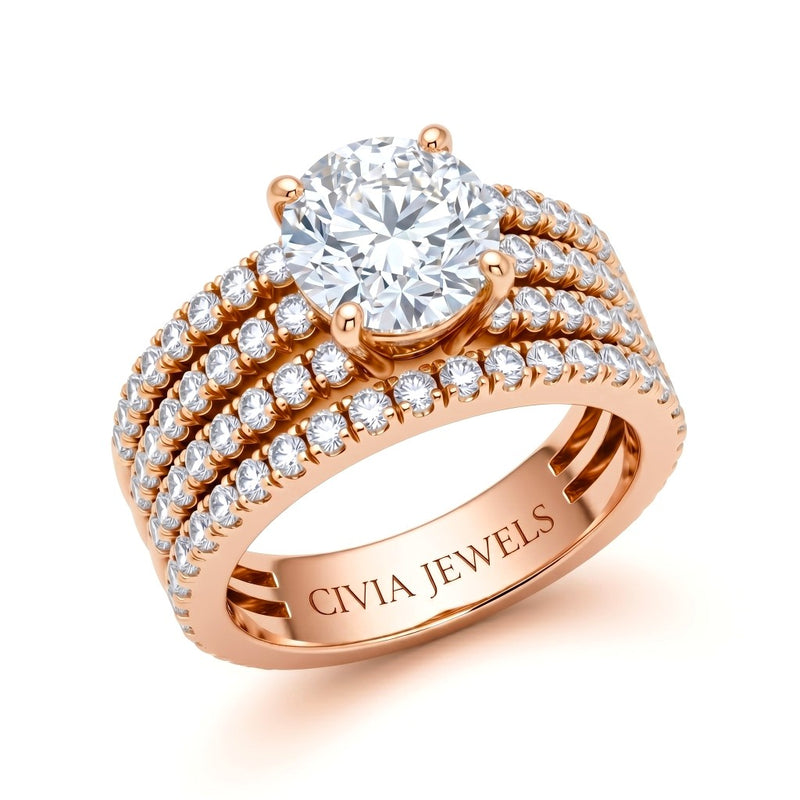 Rose Gold Round Diamond Engagement Ring With Multirow Pavé Band