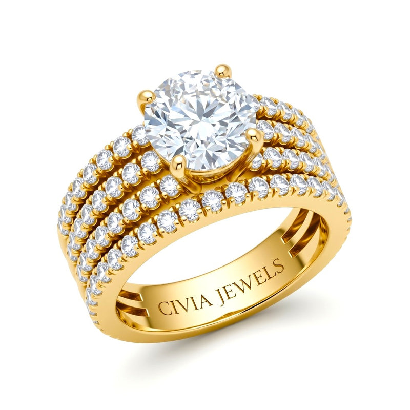 Yellow Gold Round Diamond Engagement Ring With Multirow Pavé Band
