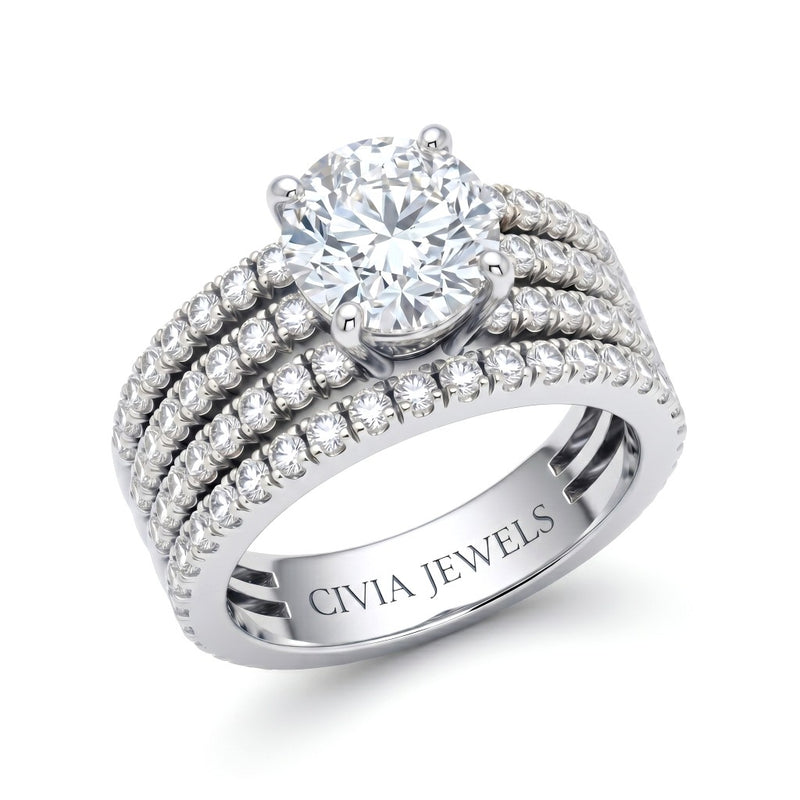 Silver Round Diamond Engagement Ring With Multirow Pavé Band