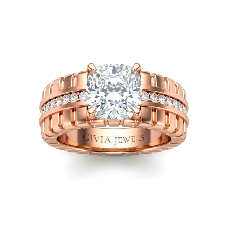 Rose Gold Cushion Diamond Engagement Ring With Ribbed Multirow Band