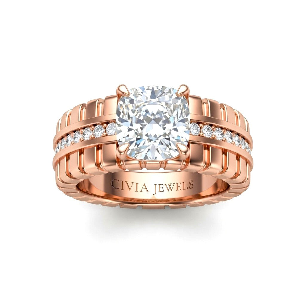Rose Gold Cushion Diamond Engagement Ring With Ribbed Multirow Band