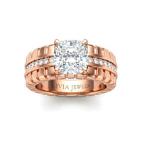 Rose Gold Cushion Diamond Engagement Ring With Ribbed Multirow Band