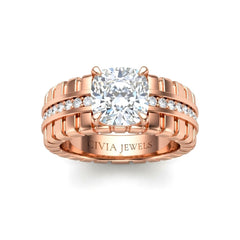 Rose Gold Cushion Diamond Engagement Ring With Ribbed Multirow Band