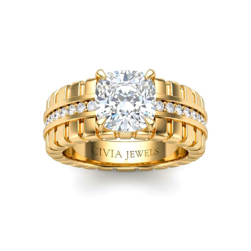 Yellow Gold Cushion Diamond Engagement Ring With Ribbed Multirow Band