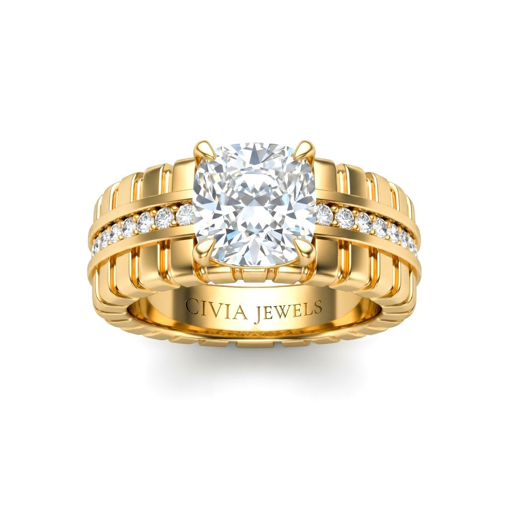Yellow Gold Cushion Diamond Engagement Ring With Ribbed Multirow Band