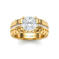 Yellow Gold Cushion Diamond Engagement Ring With Ribbed Multirow Band