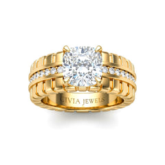 Yellow Gold Cushion Diamond Engagement Ring With Ribbed Multirow Band