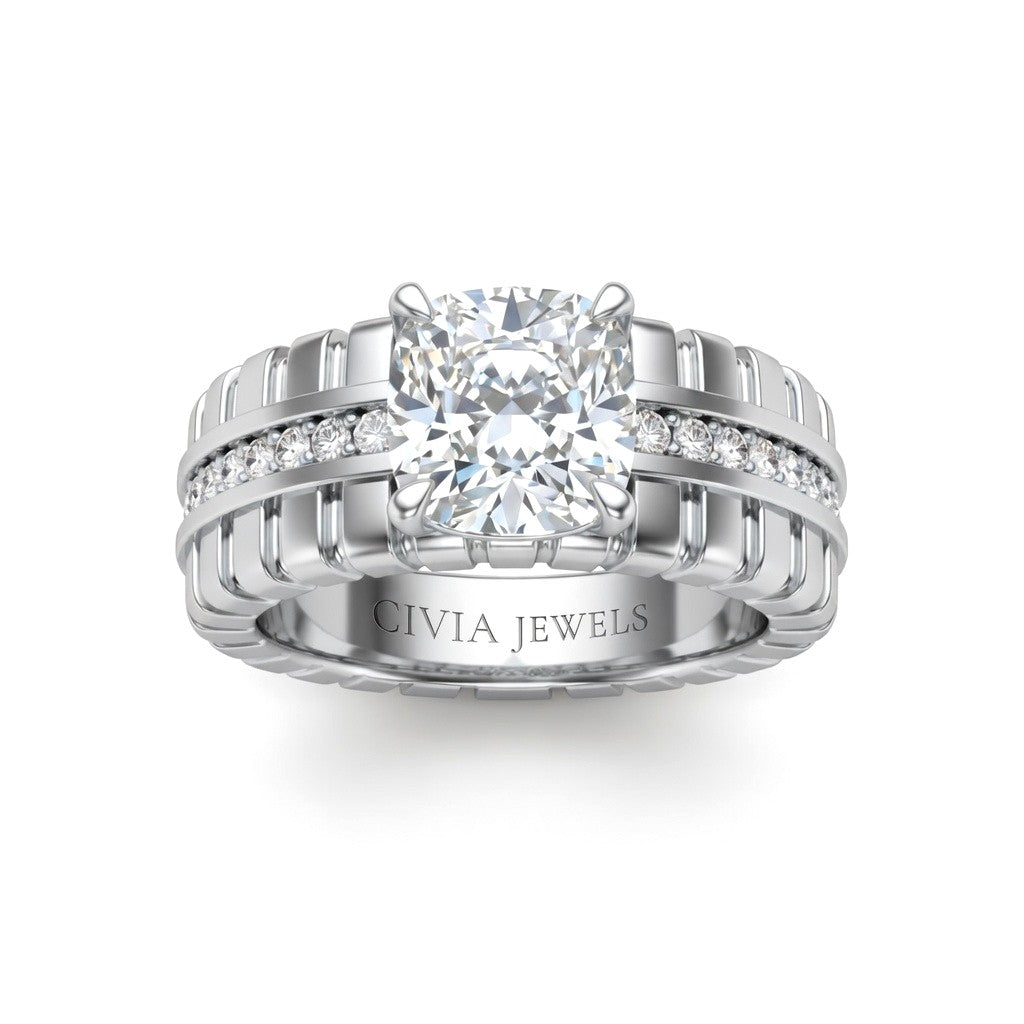 White Gold Cushion Diamond Engagement Ring With Ribbed Multirow Band
