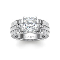 White Gold Cushion Diamond Engagement Ring With Ribbed Multirow Band