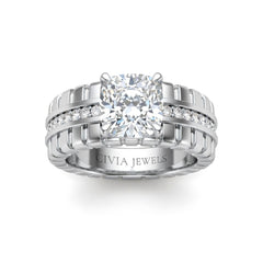 Silver Cushion Diamond Engagement Ring With Ribbed Multirow Band