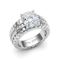 Silver Cushion Diamond Engagement Ring With Ribbed Multirow Band