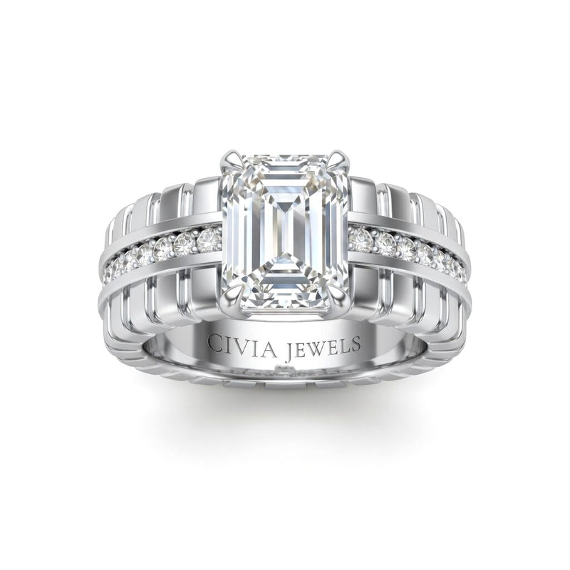 Silver Emerald Diamond Engagement Ring With Ribbed Multirow Band