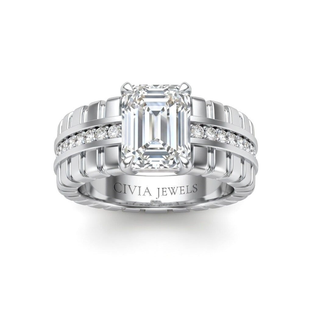 Silver Emerald Diamond Engagement Ring With Ribbed Multirow Band