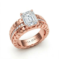 Rose Gold Emerald Diamond Engagement Ring With Ribbed Multirow Band