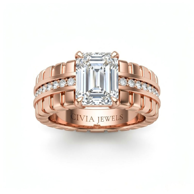 Rose Gold Emerald Diamond Engagement Ring With Ribbed Multirow Band