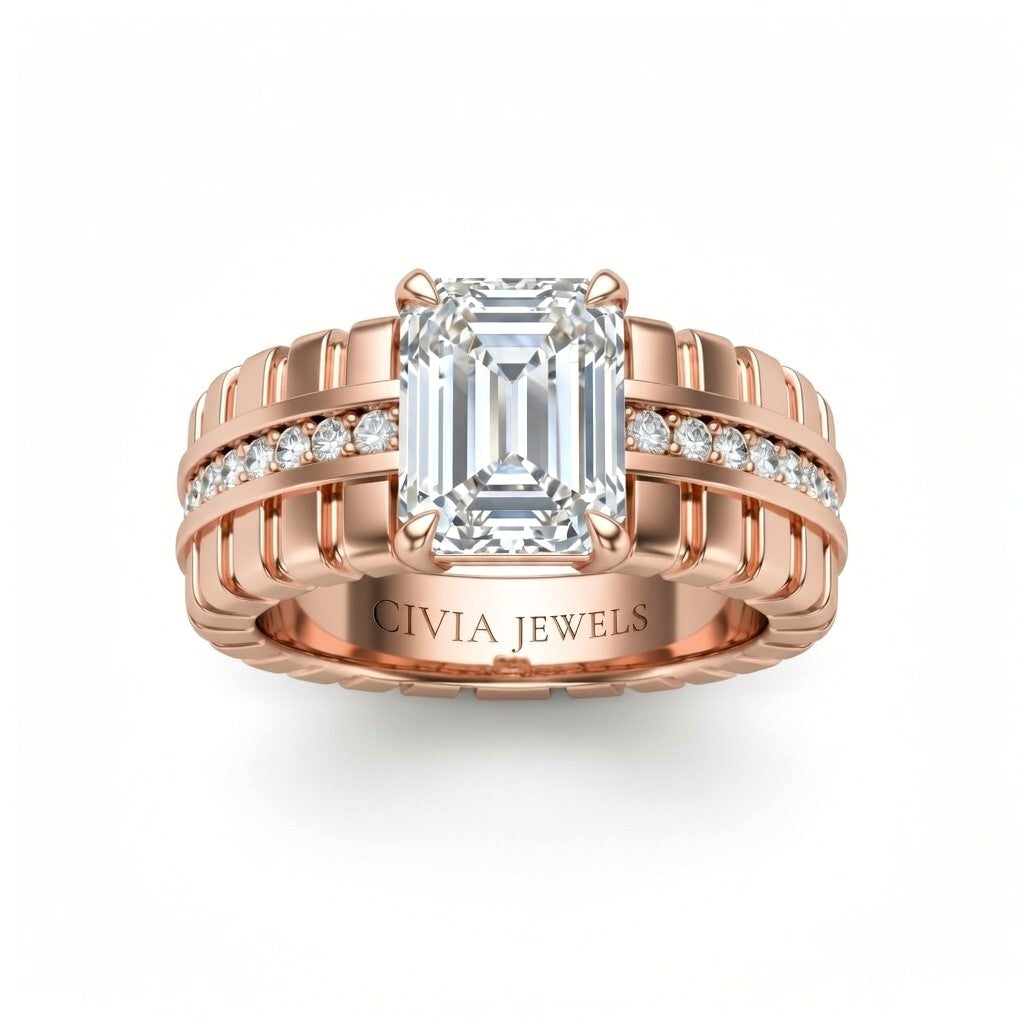 Rose Gold Emerald Diamond Engagement Ring With Ribbed Multirow Band