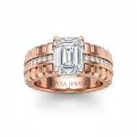 Rose Gold Emerald Diamond Engagement Ring With Ribbed Multirow Band