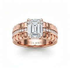 Rose Gold Emerald Diamond Engagement Ring With Ribbed Multirow Band
