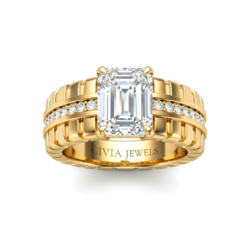 Yellow Gold Emerald Diamond Engagement Ring With Ribbed Multirow Band