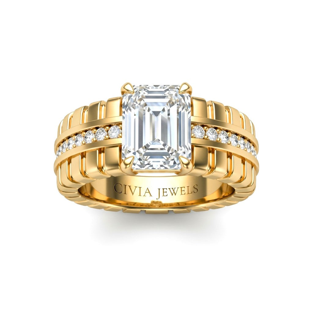 Yellow Gold Emerald Diamond Engagement Ring With Ribbed Multirow Band
