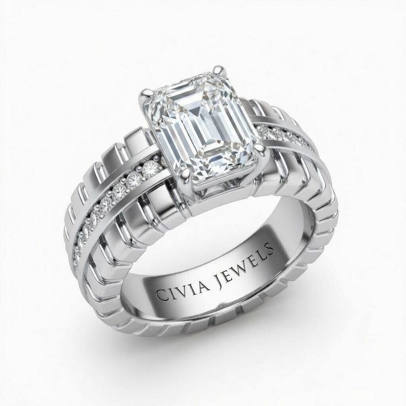 White Gold Emerald Diamond Engagement Ring With Ribbed Multirow Band