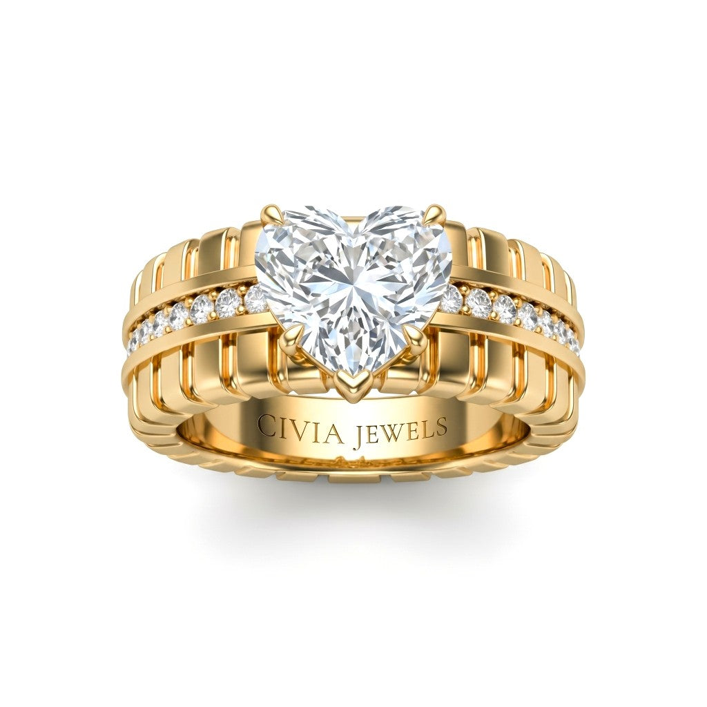 Yellow Gold Heart Diamond Engagement Ring With Ribbed Multirow Band