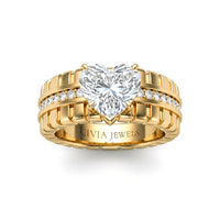Yellow Gold Heart Diamond Engagement Ring With Ribbed Multirow Band