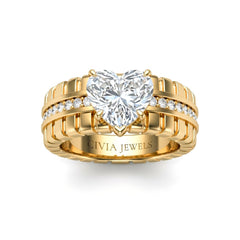 Yellow Gold Heart Diamond Engagement Ring With Ribbed Multirow Band