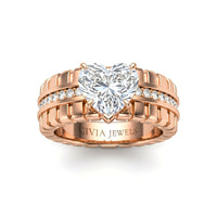 Rose Gold Heart Diamond Engagement Ring With Ribbed Multirow Band