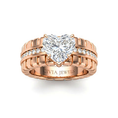 Rose Gold Heart Diamond Engagement Ring With Ribbed Multirow Band