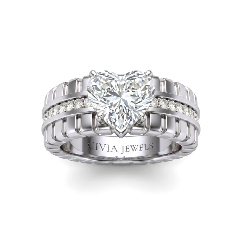 Silver Heart Diamond Engagement Ring With Ribbed Multirow Band