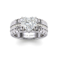 Silver Heart Diamond Engagement Ring With Ribbed Multirow Band