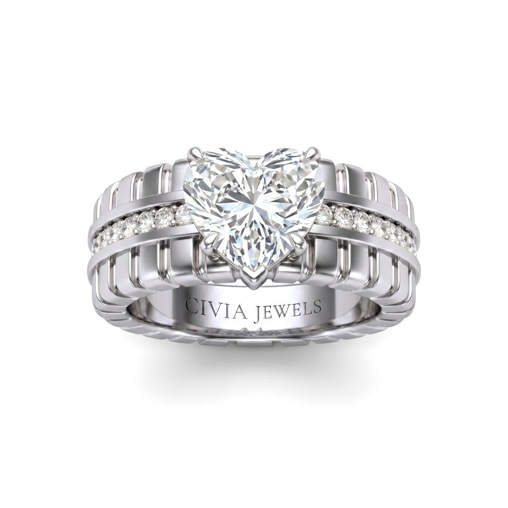 White Gold Heart Diamond Engagement Ring With Ribbed Multirow Band