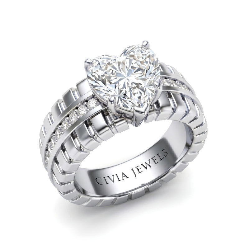 Silver Heart Diamond Engagement Ring With Ribbed Multirow Band