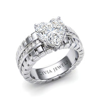 Silver Heart Diamond Engagement Ring With Ribbed Multirow Band