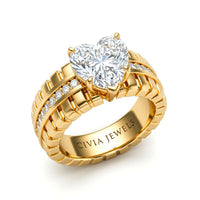Yellow Gold Heart Diamond Engagement Ring With Ribbed Multirow Band