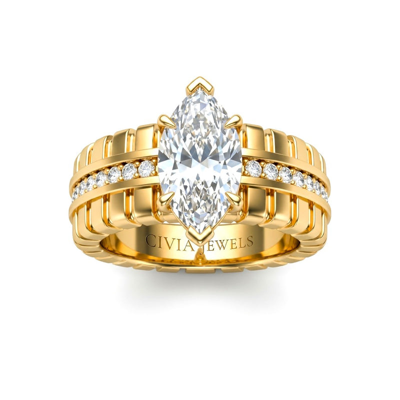 Yellow Gold Marquise Diamond Engagement Ring With Ribbed Multirow Band