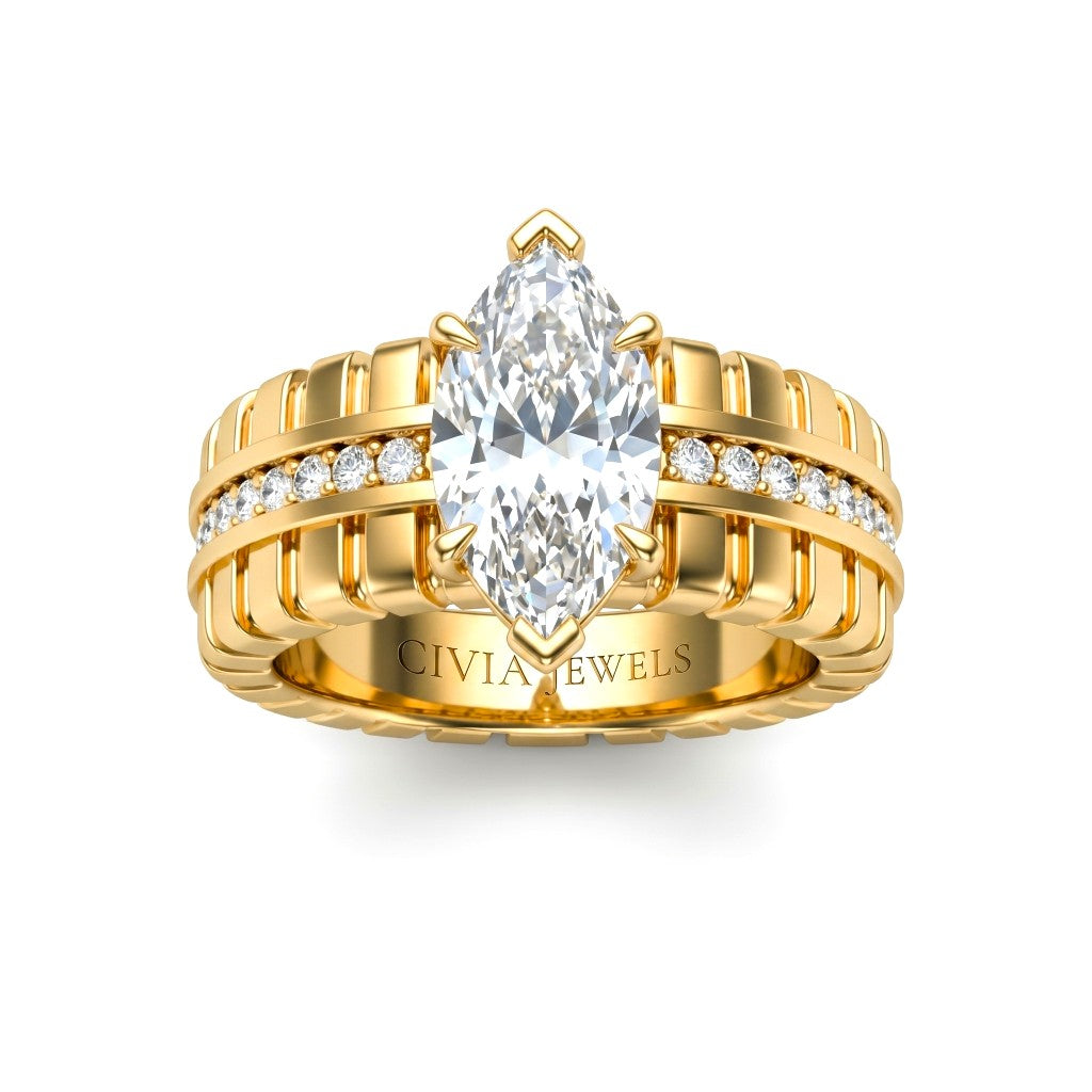 Yellow Gold Marquise Diamond Engagement Ring With Ribbed Multirow Band