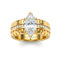 Yellow Gold Marquise Diamond Engagement Ring With Ribbed Multirow Band