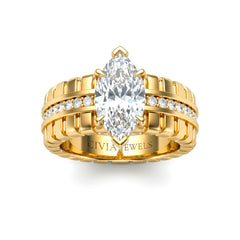 Yellow Gold Marquise Diamond Engagement Ring With Ribbed Multirow Band
