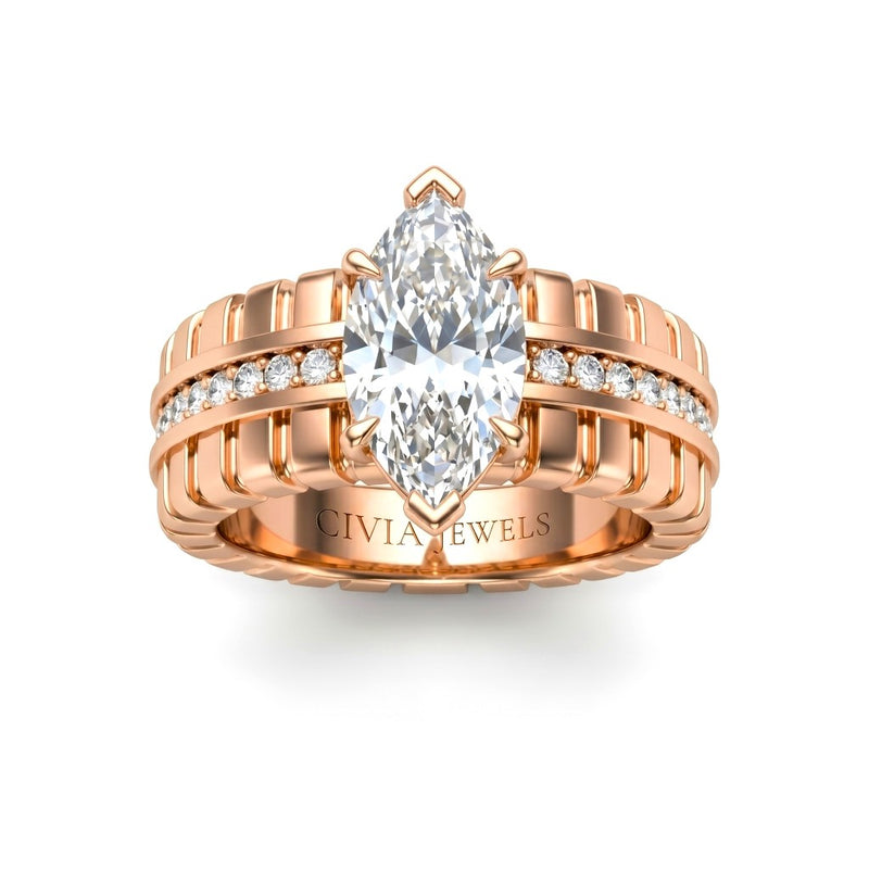 Rose Gold Marquise Diamond Engagement Ring With Ribbed Multirow Band