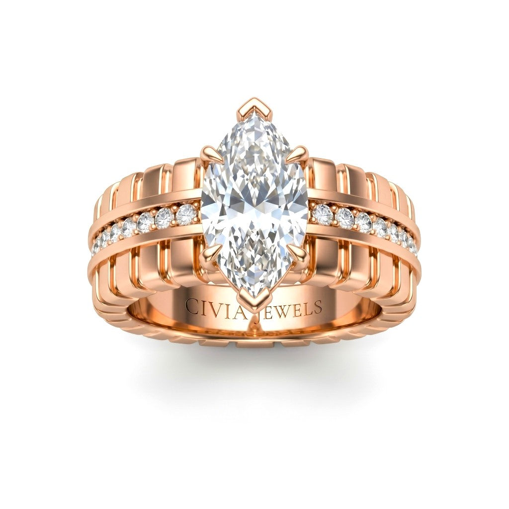 Rose Gold Marquise Diamond Engagement Ring With Ribbed Multirow Band