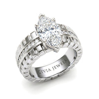 White Gold Marquise Diamond Engagement Ring With Ribbed Multirow Band