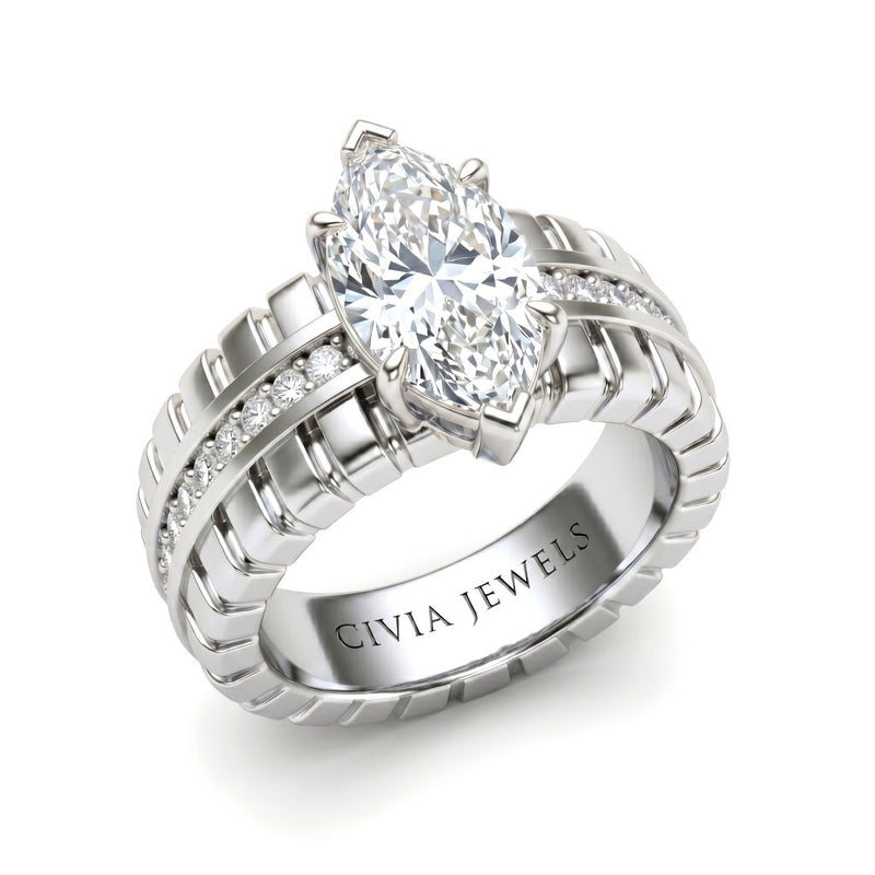 Silver Marquise Diamond Engagement Ring With Ribbed Multirow Band