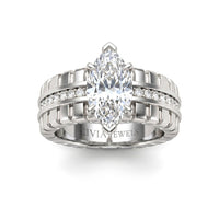White Gold Marquise Diamond Engagement Ring With Ribbed Multirow Band