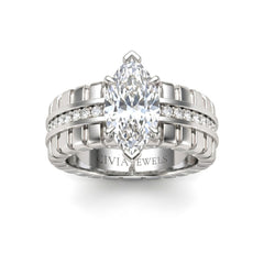 White Gold Marquise Diamond Engagement Ring With Ribbed Multirow Band